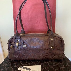 Authentic Gucci Guccissima Princy Boston Dark Brown Leather Shoulder Bag
